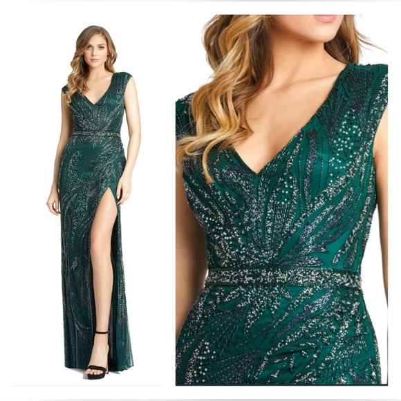 Mac Duggal Dresses & Skirts - Mac Duggal 5227 NWT High Slit Beaded Dress in Green